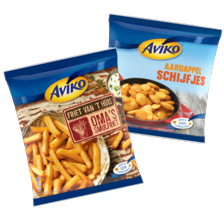 Aviko aardappelschijfjes, grip 'n dip, wavy blends of oma's smulfrieten